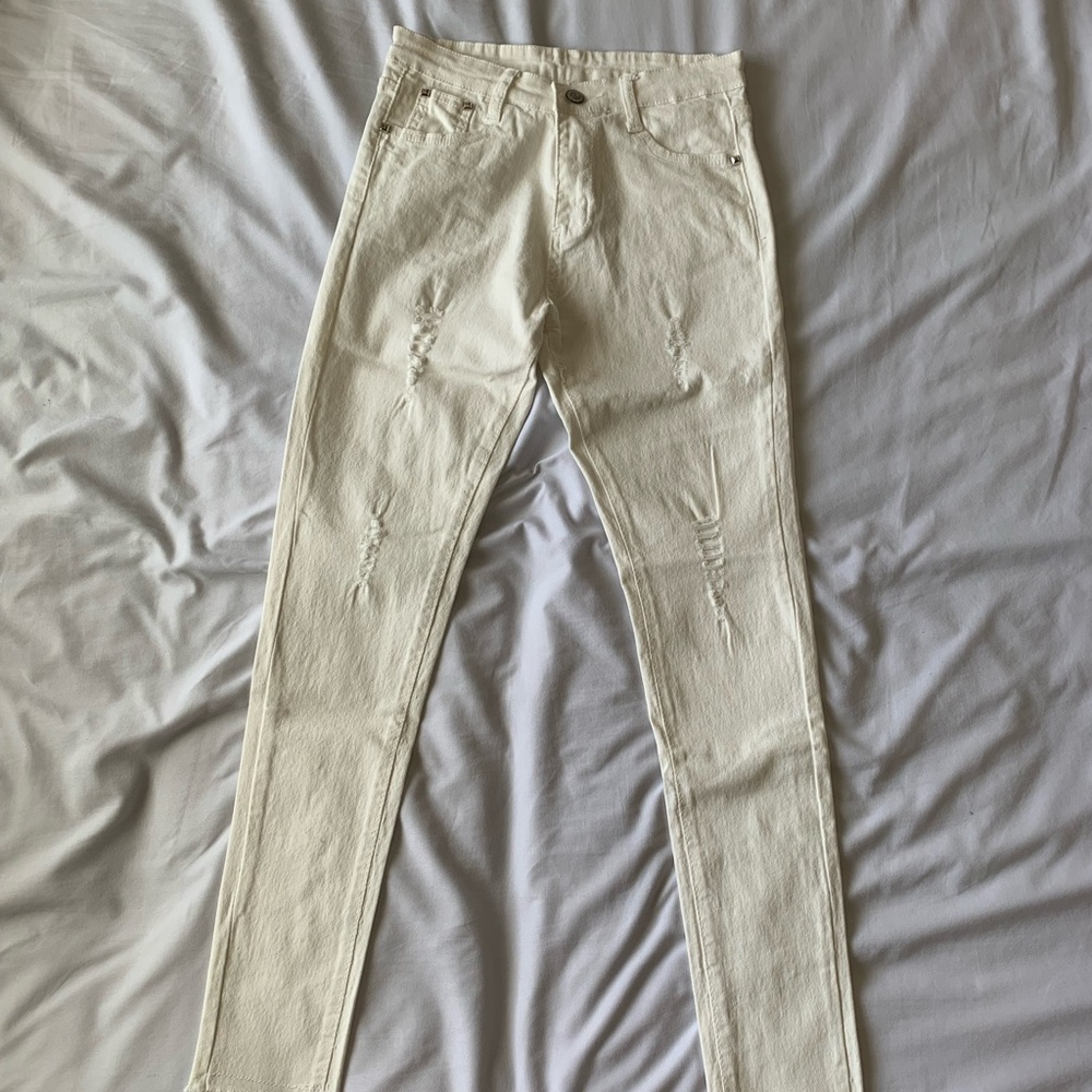 White Ripped Skinny Jeans With Studded Detail